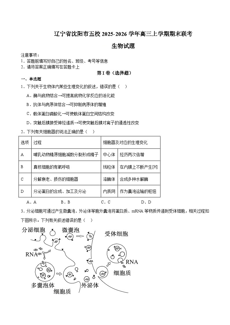 辽宁省沈阳市五校2026届高三上学期期末联考 生物试卷(含答案）第1页