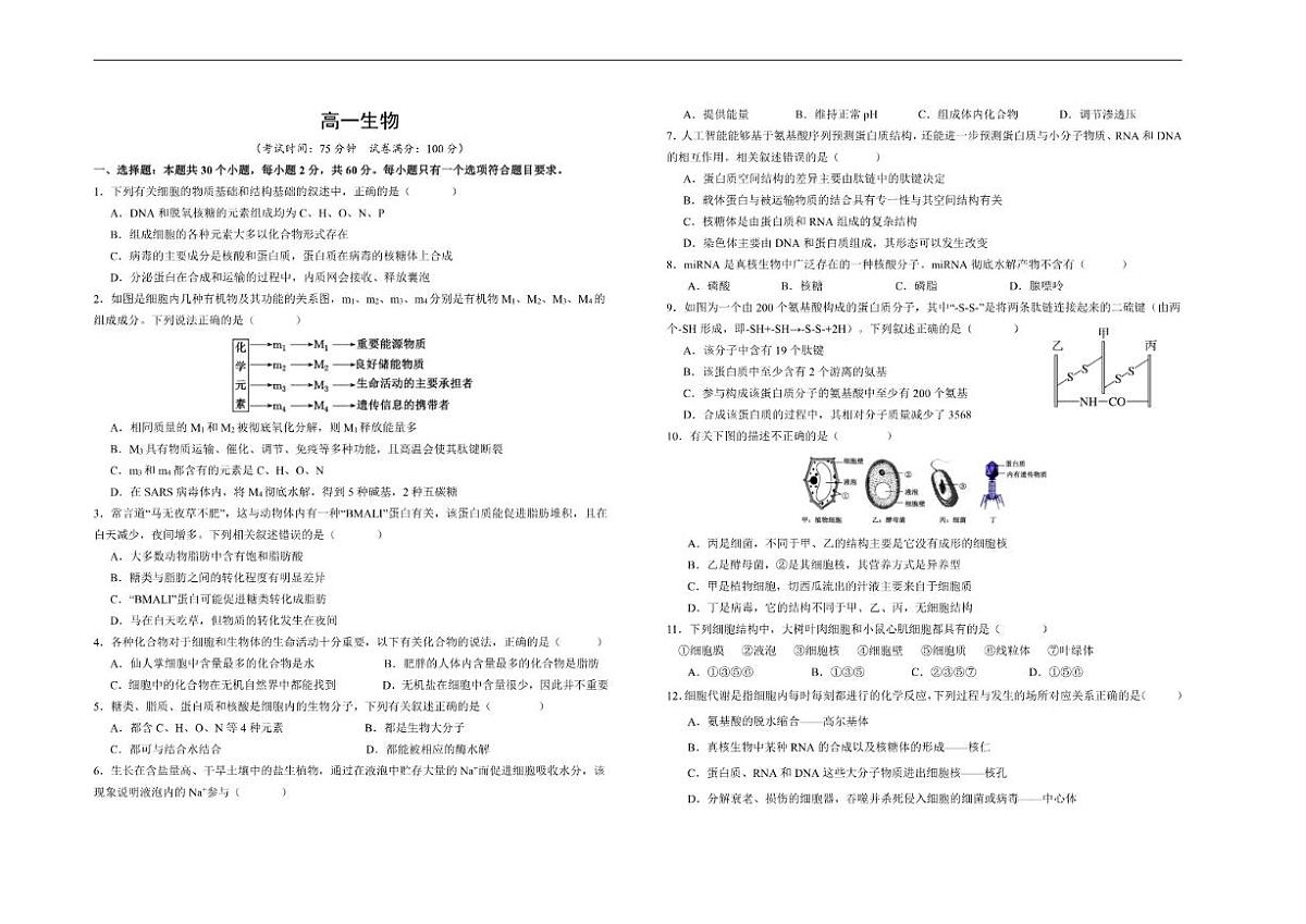 陕西省汉中市西乡县第一中学2025-2026学年高一上学期1月月考生物试题（含答案）第1页