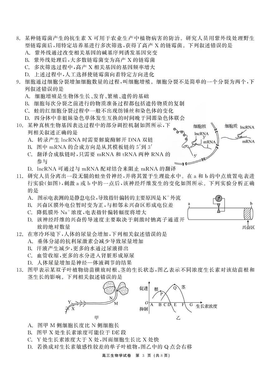 黑龙江省龙江教育联盟2026年1月高三上学期期末考试生物试卷（无答案）第3页