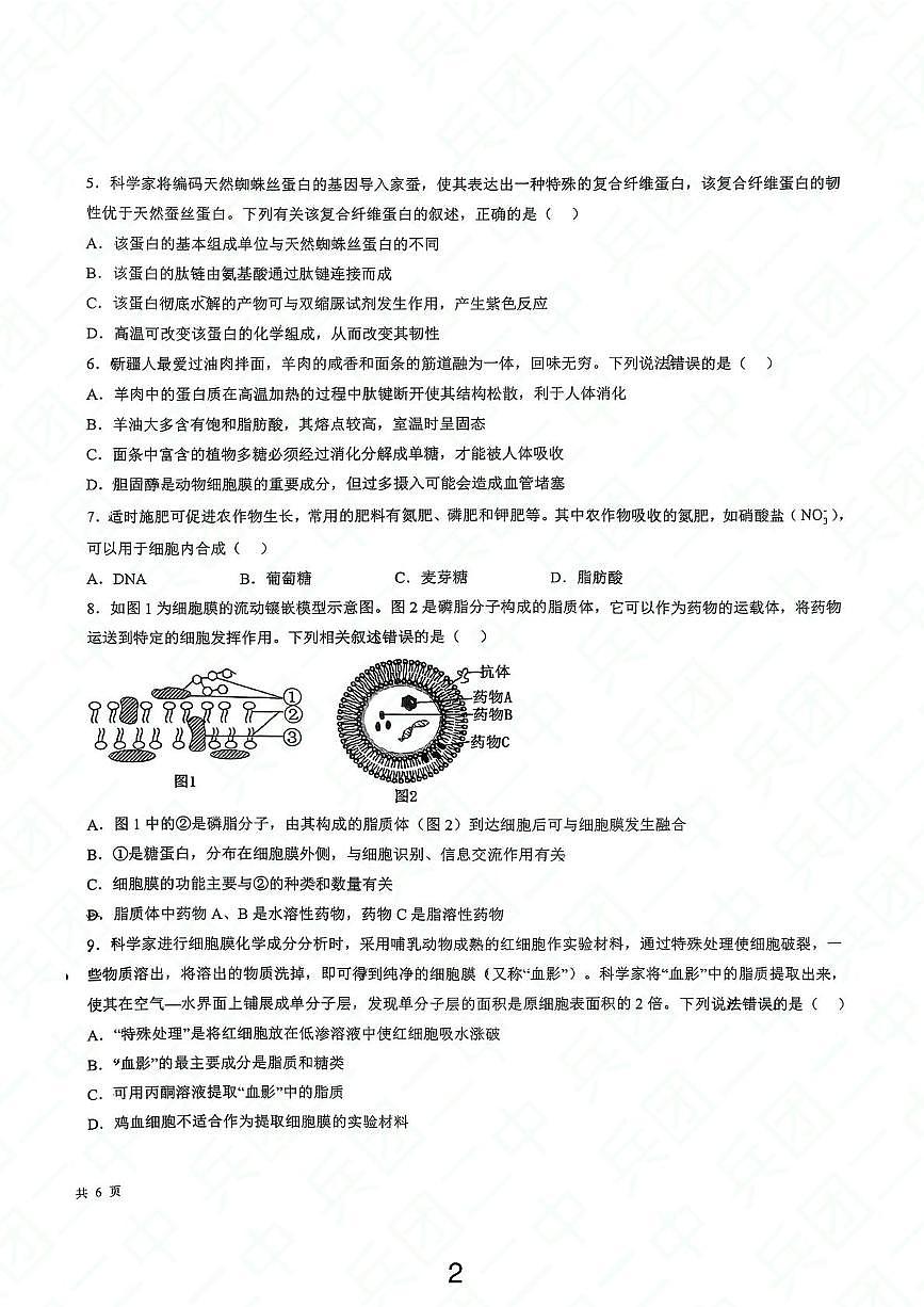 新疆生产建设兵团第二中学2025-2026学年高一上学期1月期末考试生物试题第2页