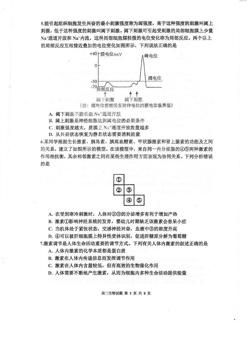 2025—2026学年四川省巴中市南江中学高二上学期期末考试生物试题（含答案）第2页