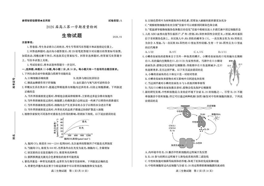 2025—2026学年山东省枣庄市高三上学期1月期末联考生物试题（含答案）第1页