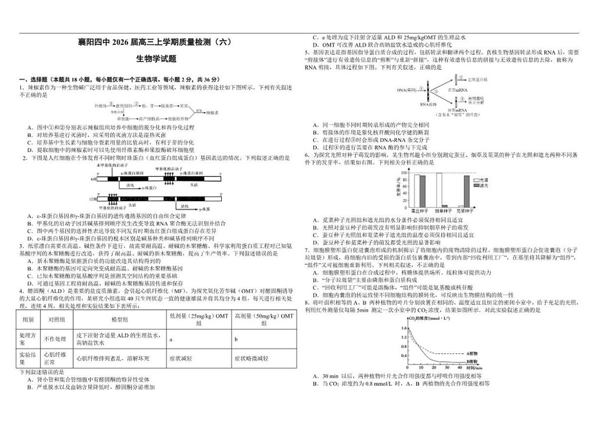 2025-2026学年湖北省襄阳市襄城区襄阳市第四中学高三上学期1月月考生物试题（含答案）第1页