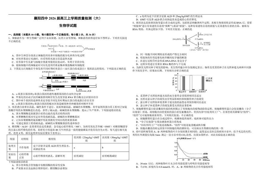 2025-2026学年湖北省襄阳市襄城区襄阳市第四中学高三上学期1月月考生物试题（含答案）第1页