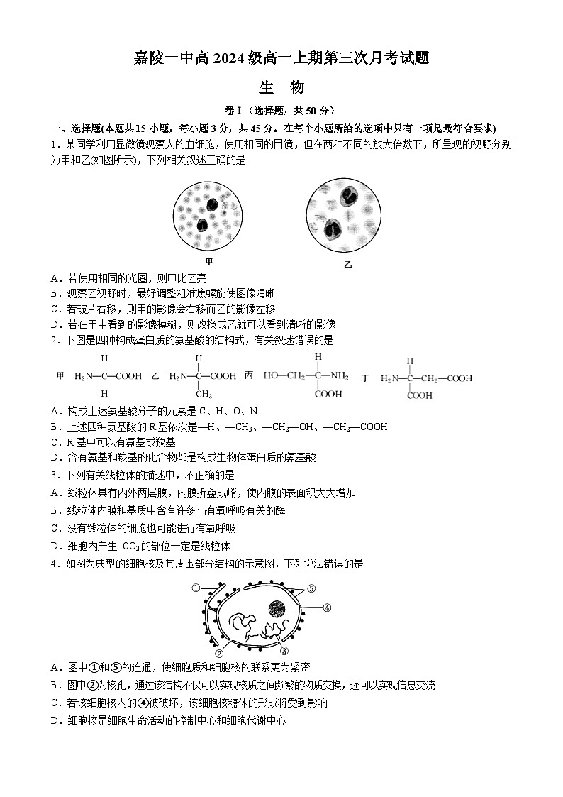 四川省南充市嘉陵第一中学2024-2025学年高一上学期12月月考生物试题第1页