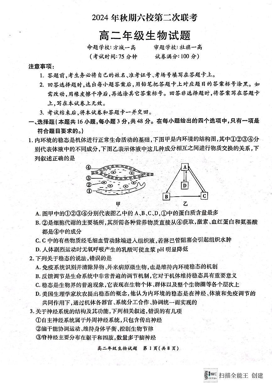 河南省南阳市六校联考2024-2025学年高二上学期12月月考生物试题第1页