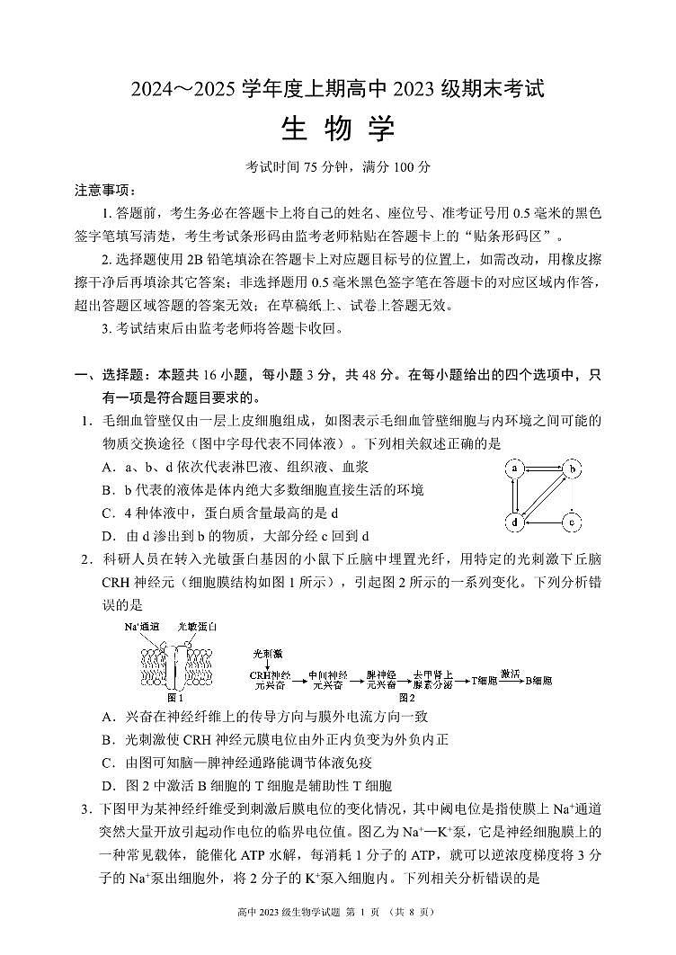 2024～2025学年度上期高中2023级期末联考生物学试题（8页）第1页
