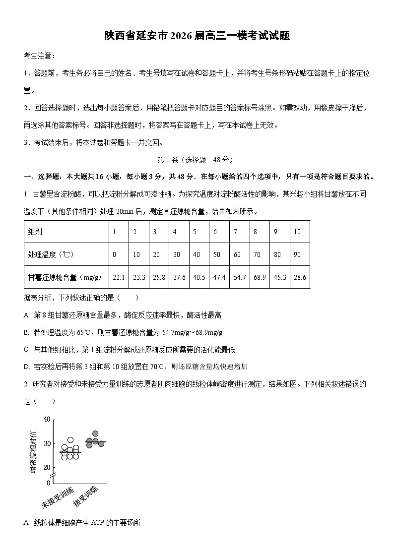 2026届陕西省延安市高三一模考试生物试卷（学生版）第1页