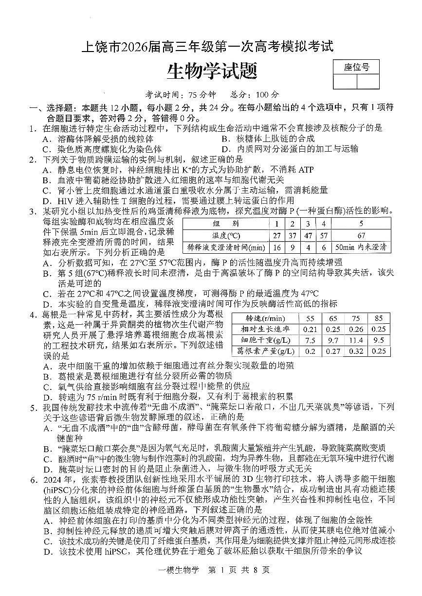 上饶市2026届高三年级第一次高考模拟考试 生物学第1页