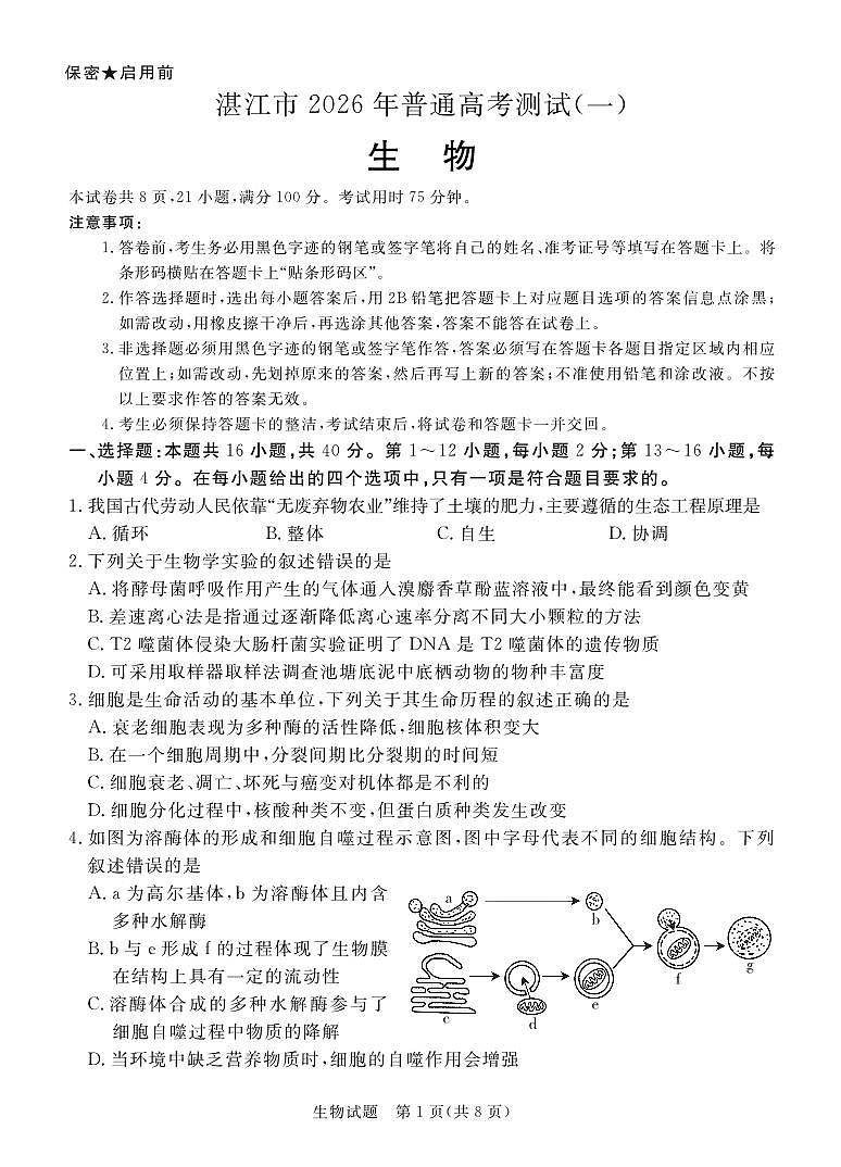 广东省湛江市2026届上学期高三一模 生物试题+答案解析第1页