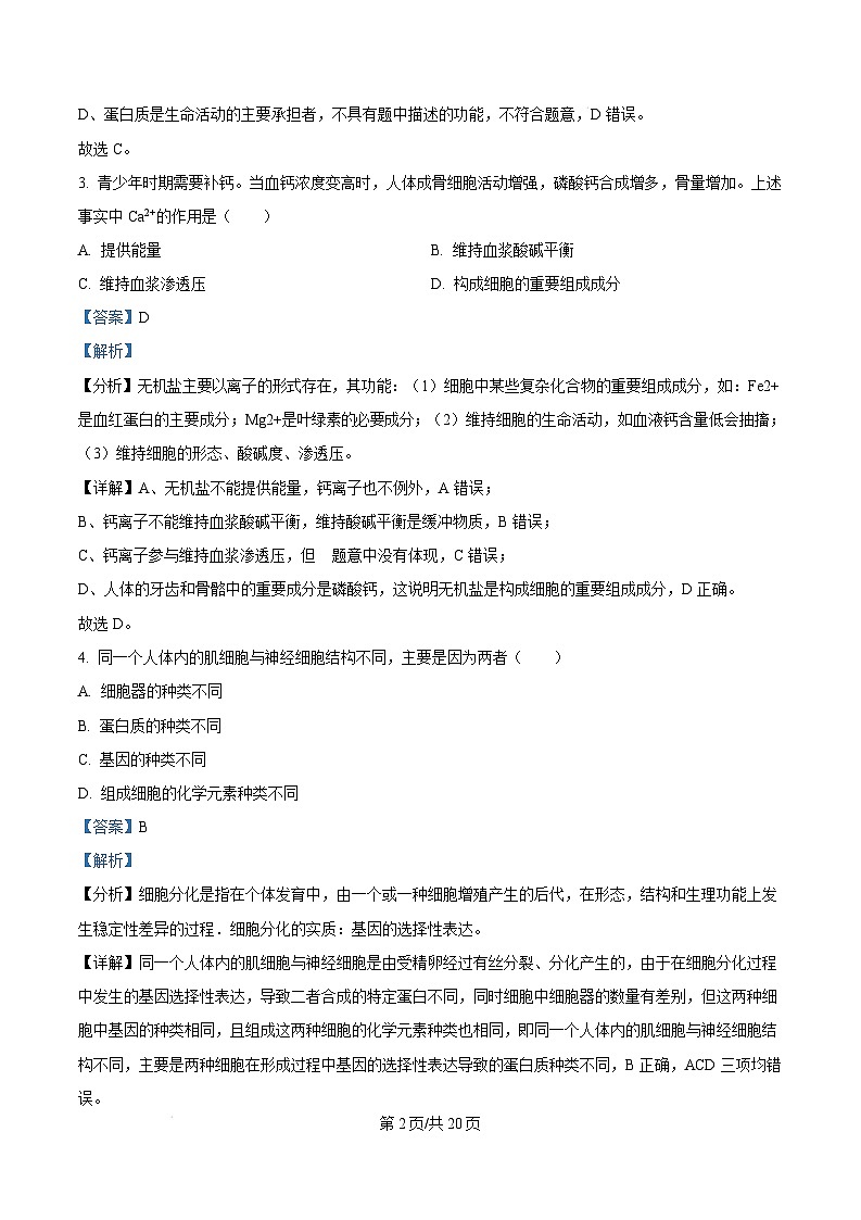 浙江省台州市2024-2025学年高一上学期期末质量评估生物试题 含解析第2页