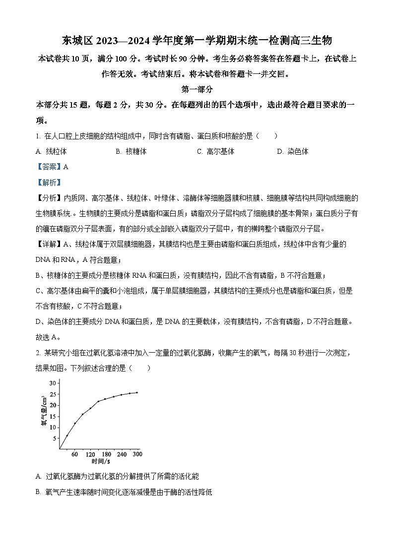 北京市东城区2023-2024学年高三1月期末生物试题 含解析第1页