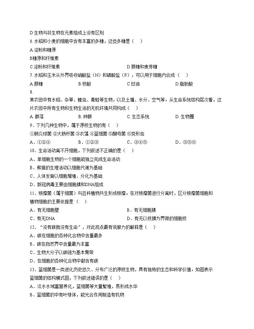 天津市滨海新区大港一中2025_2026学年高一上学期第一次月考生物试卷（文字版，含答案）第2页