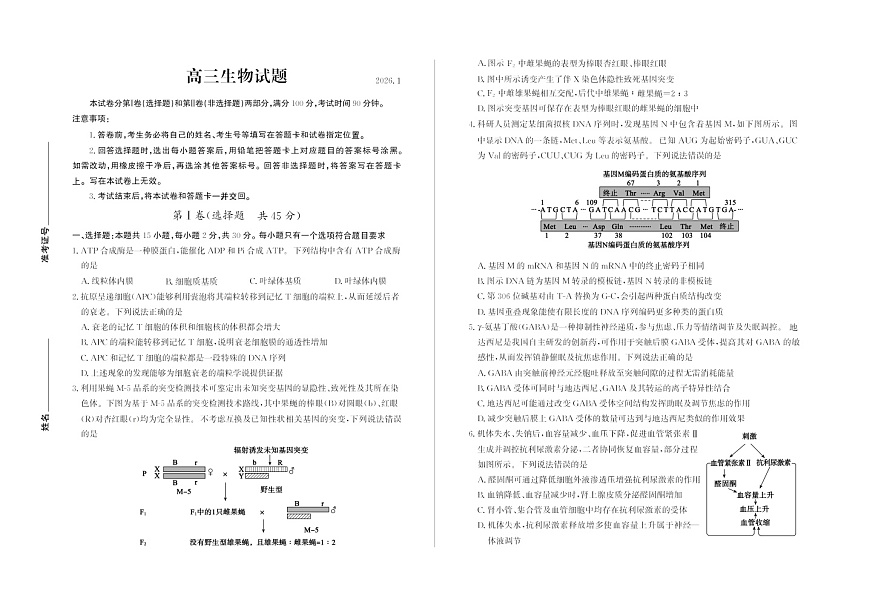 山东省德州市2025-2026学年度2026届高三年级上学期期末生物试卷第1页