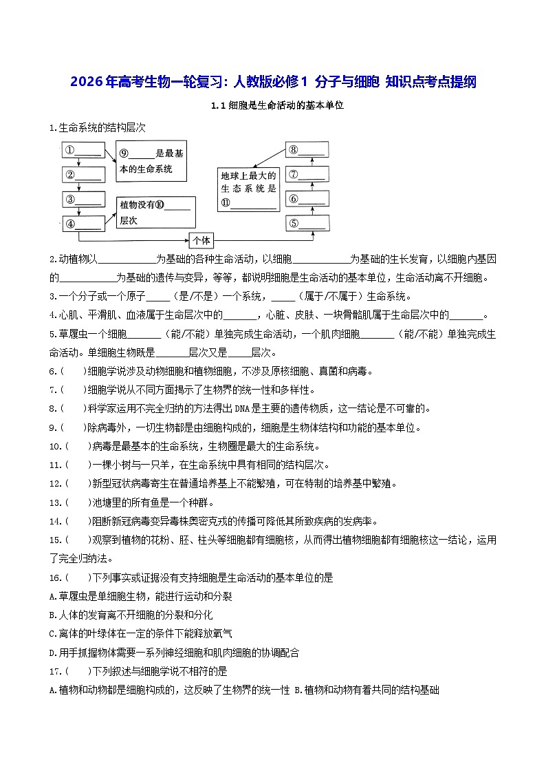 2026年高考生物一轮复习：人教版必修1 分子与细胞 知识点考点提纲（默写版，含答案） 讲义第1页