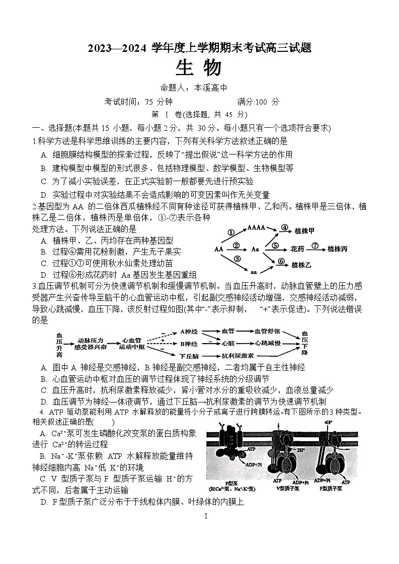 辽宁省部分高中2023-2024学年高三上学期期末考试 生物  含答案第1页