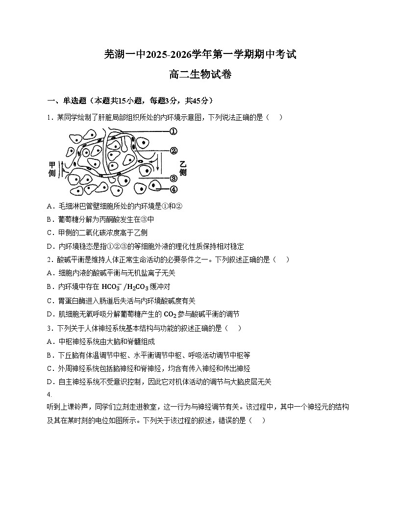 安徽省芜湖市第一中学2025_2026学年高二上学期12月期中考试生物试题（文字版，含答案）第1页