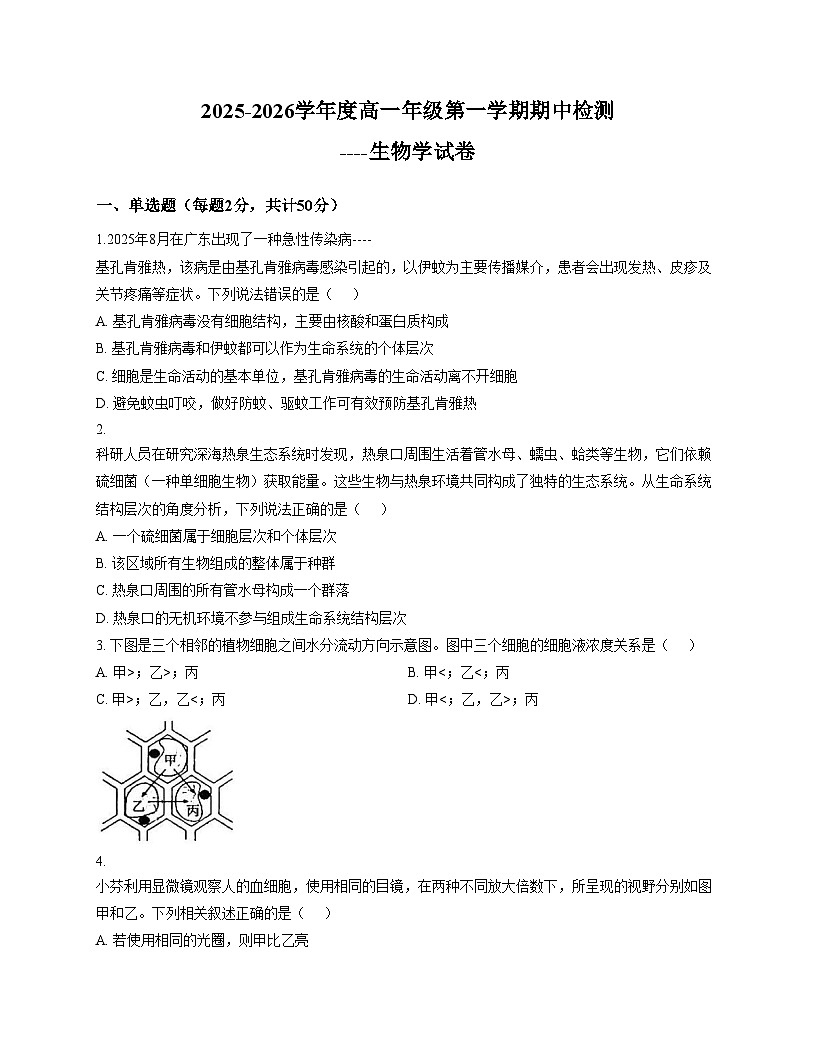 天津市武清区杨村四中2025_2026学年高一上学期期中考试生物试卷（文字版，含答案）第1页