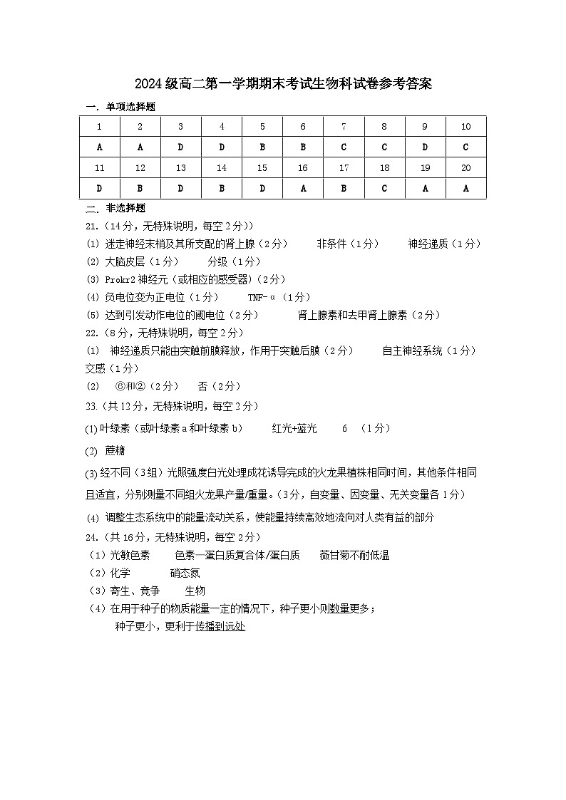 8稿)答案2024级高二第一学期期末考试生物科 答案第1页