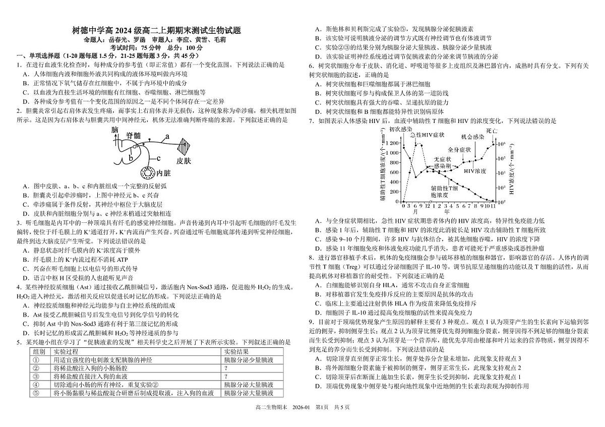 四川省成都市树德中学2025-2026学年高二上学期期末考试生物试卷（PDF版附答案）第1页