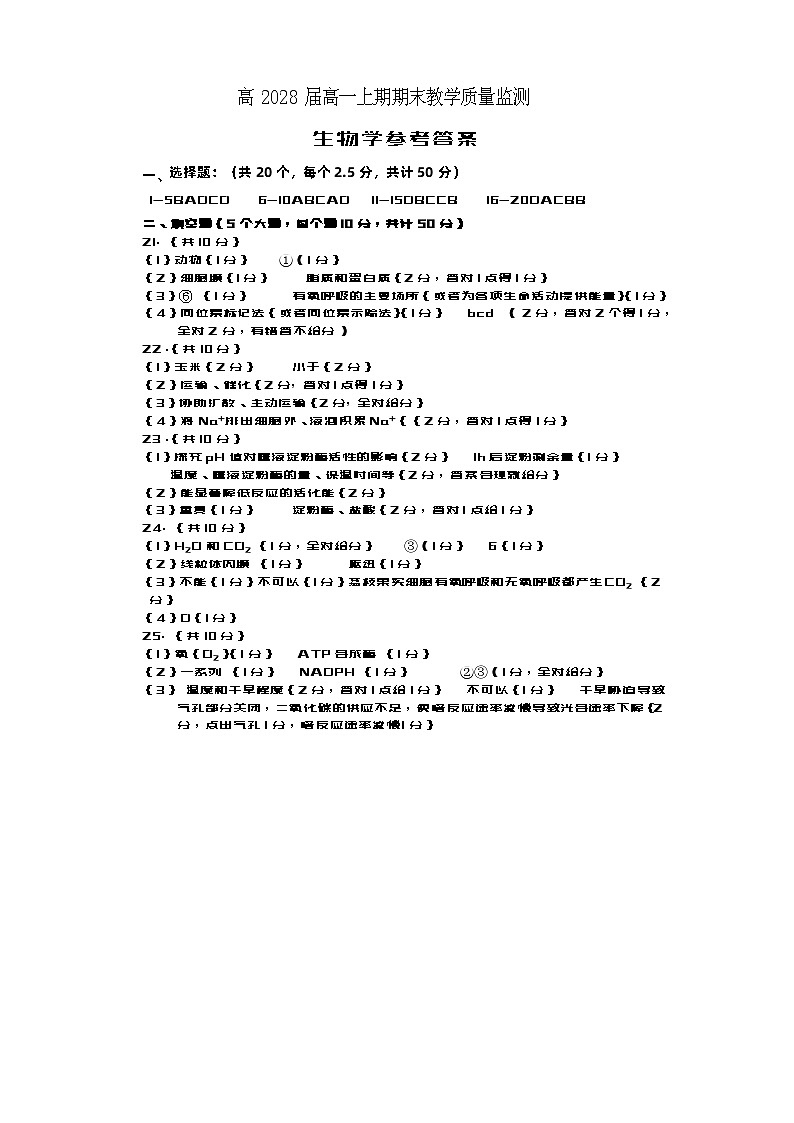 高一生物（答案）2025第1页
