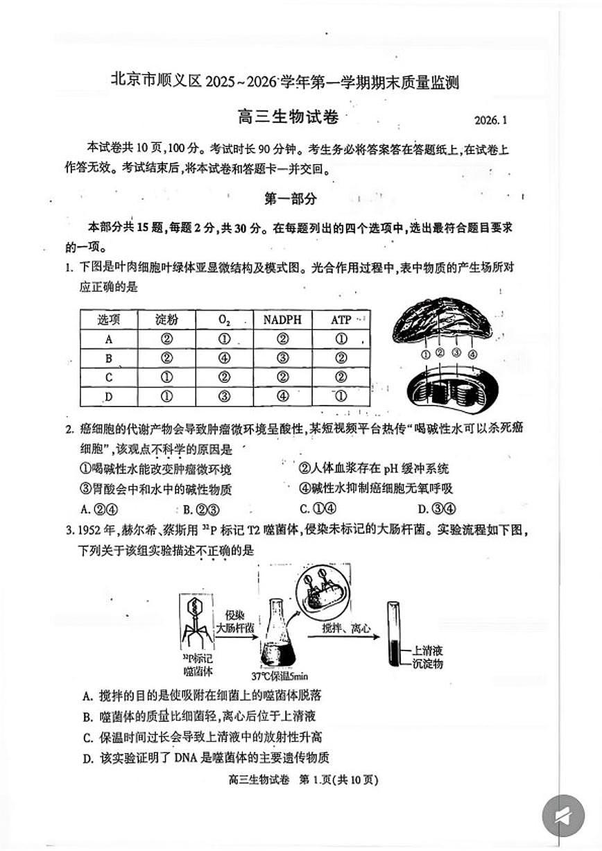 北京市顺义区2025~2026学年第一学期期末质量监测高三生物（含答案）试卷第1页