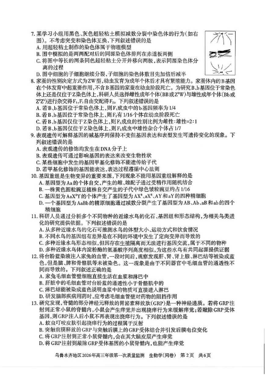 新疆乌鲁木齐地区2026年高三年级上生物第一次质量监测试卷（含答案）第2页