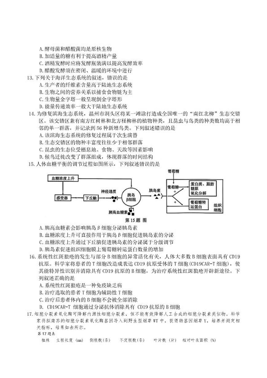 2025-2026年浙江省温州市高二上生物学期末试卷（含答案）第3页