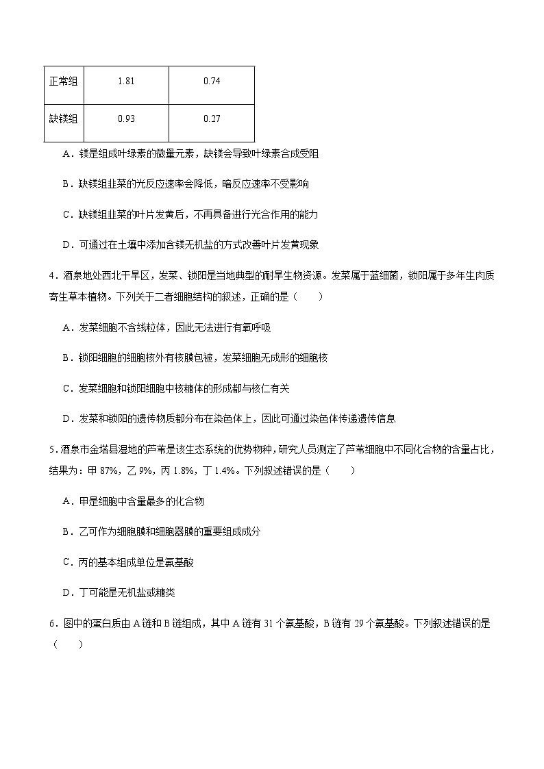 甘肃省酒泉市普通高中2025-2026学年高一上学期1月期末考试生物试卷（含答案）第2页