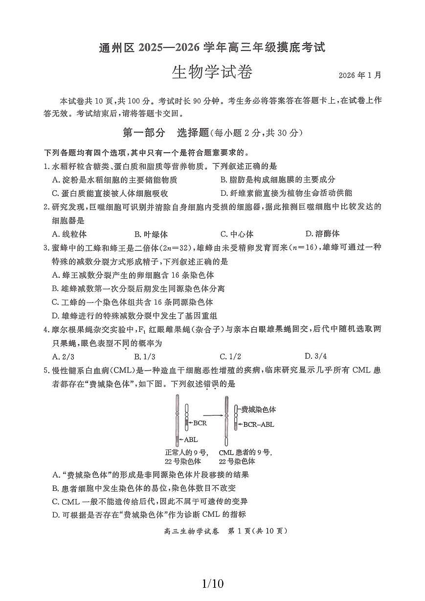 江苏省南通市通州区2025一2026学年高三年级上学期摸底考试生物学试卷（月考）第1页