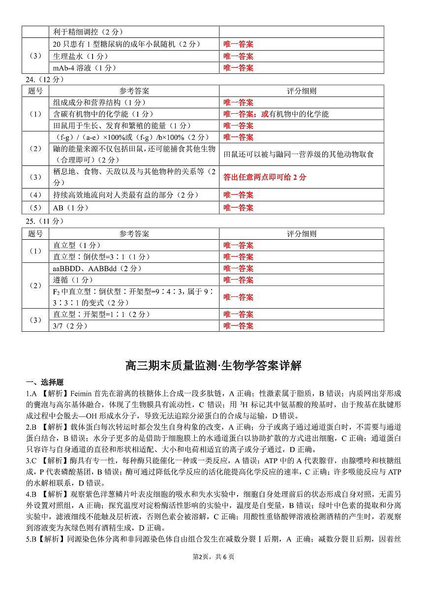 辽宁省点石联考2026届高三期末质量监测生物答案第2页