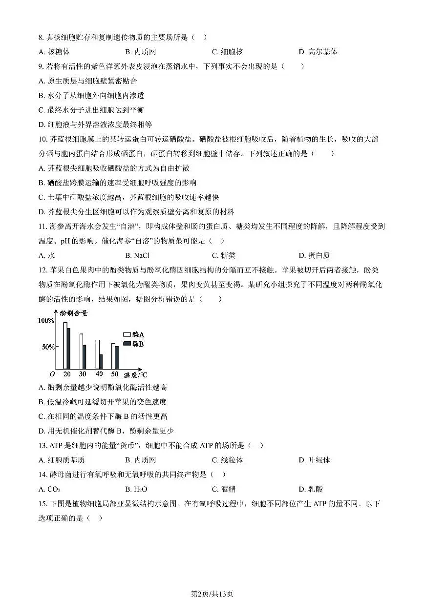 2026北京大兴高一（上）期末生物试卷 有答案第2页