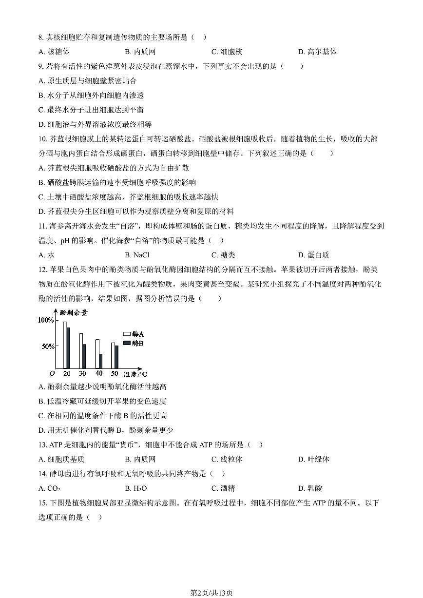 2026北京大兴高一（上）期末生物试卷 有答案第2页