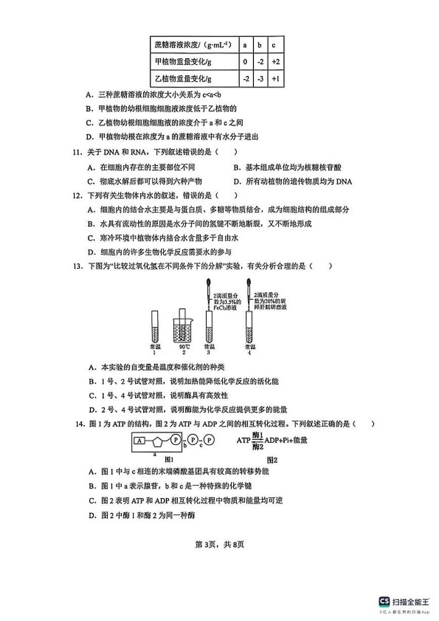 2025-2026学年云南省迪庆藏族自治州高一上学期期末考试生物试题（含答案）第3页