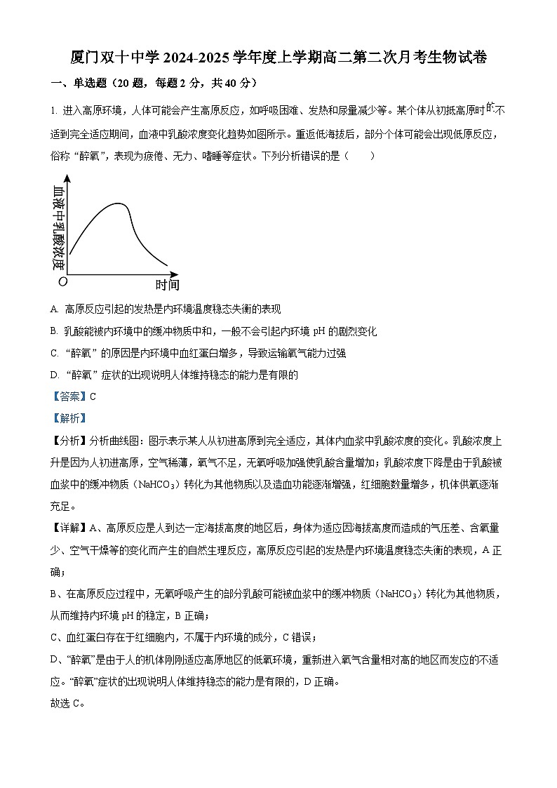 精品解析：福建省厦门市双十中学2024-2025学年高二上学期12月月考生物试题（解析版）第1页