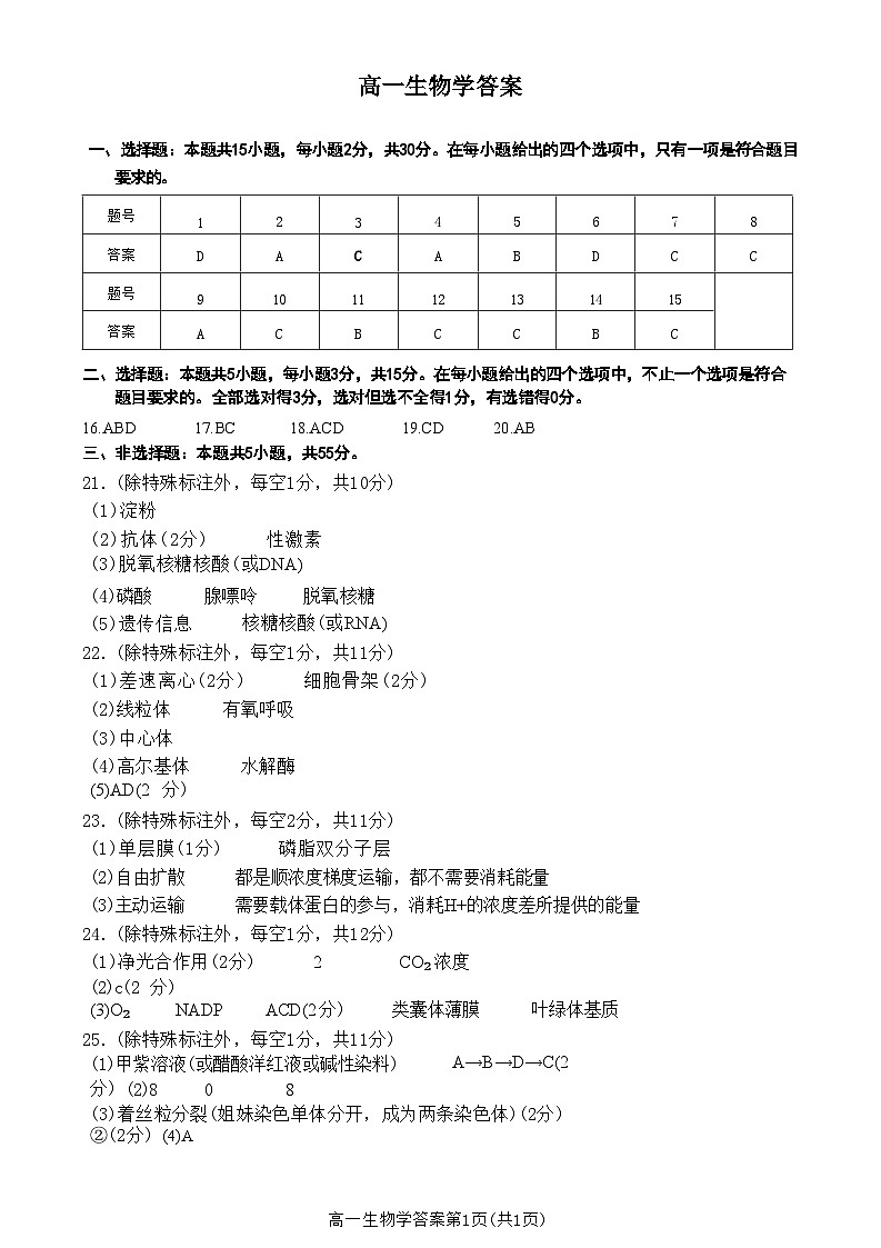 吉林省普通高中友好学校联合体2025-2026学年高一上学期期末生物试题答案第1页