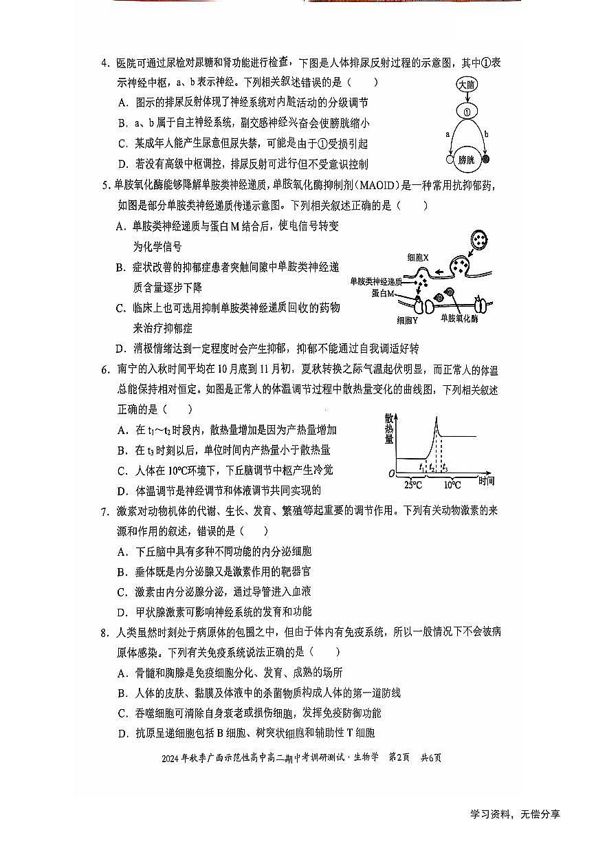 广西2024年秋季期中示范性高中联考高二上学期生物试卷（无答案）第2页