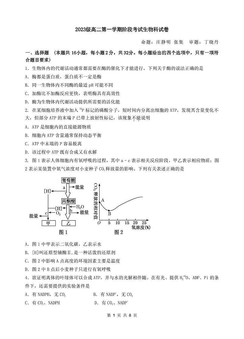 广东省汕头市金山中学2024-2025学年高二上学期期中考试生物试题 PDF版无答案第1页