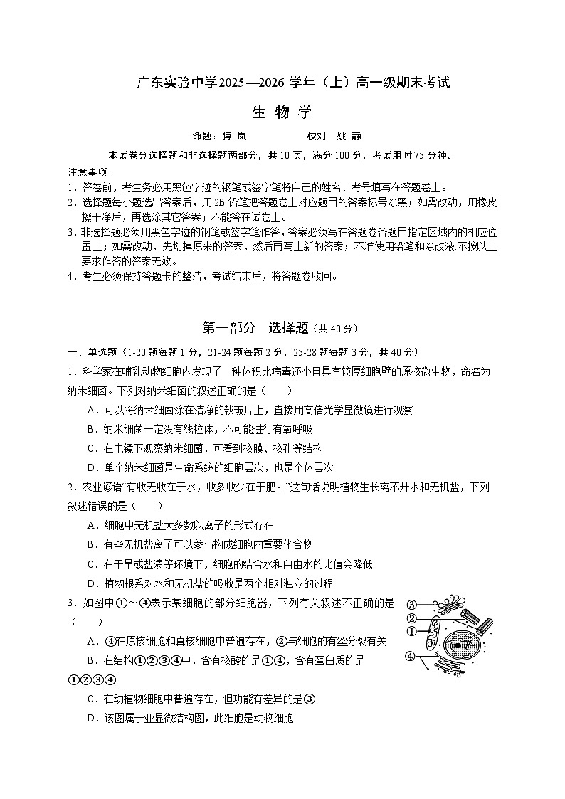 （新）2025高一上-生物期末考试卷(1)第1页