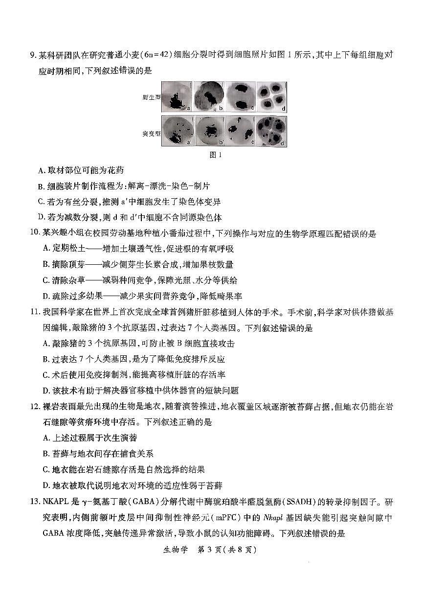 2026届茂名一模生物学试卷第3页