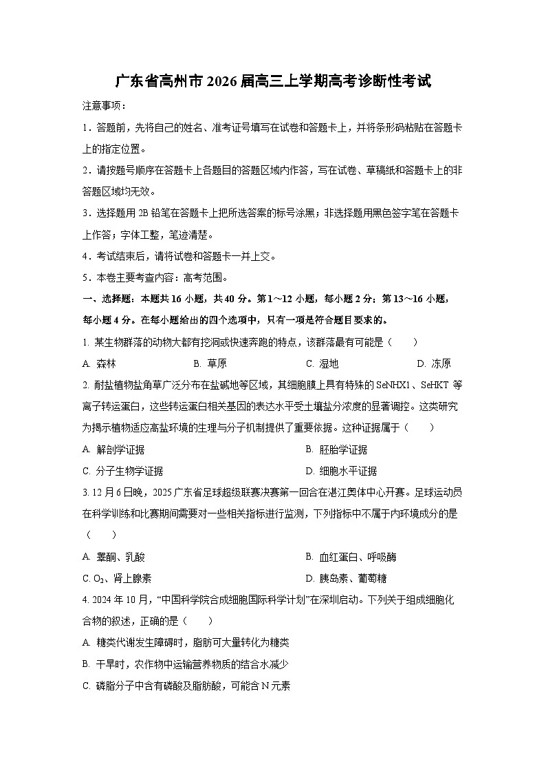 【生物】广东省高州市2026届高三上学期高考诊断性考试（学生版）第1页