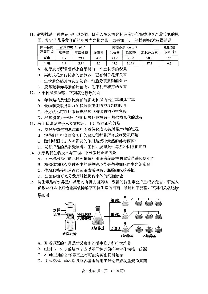 江苏省苏州市零模2026届第一学期高三期末考试 生物试题及答案第3页