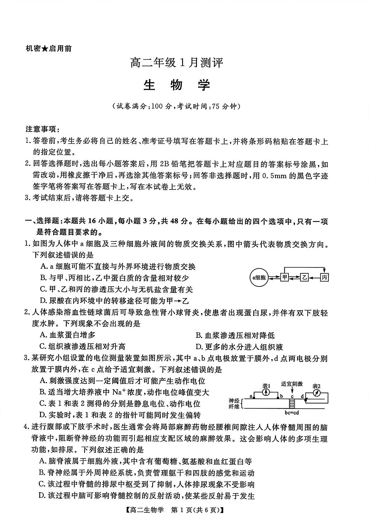 河南新未来联考2025-2026学年高二年级上学期1月测评生物试卷（无答案）第1页