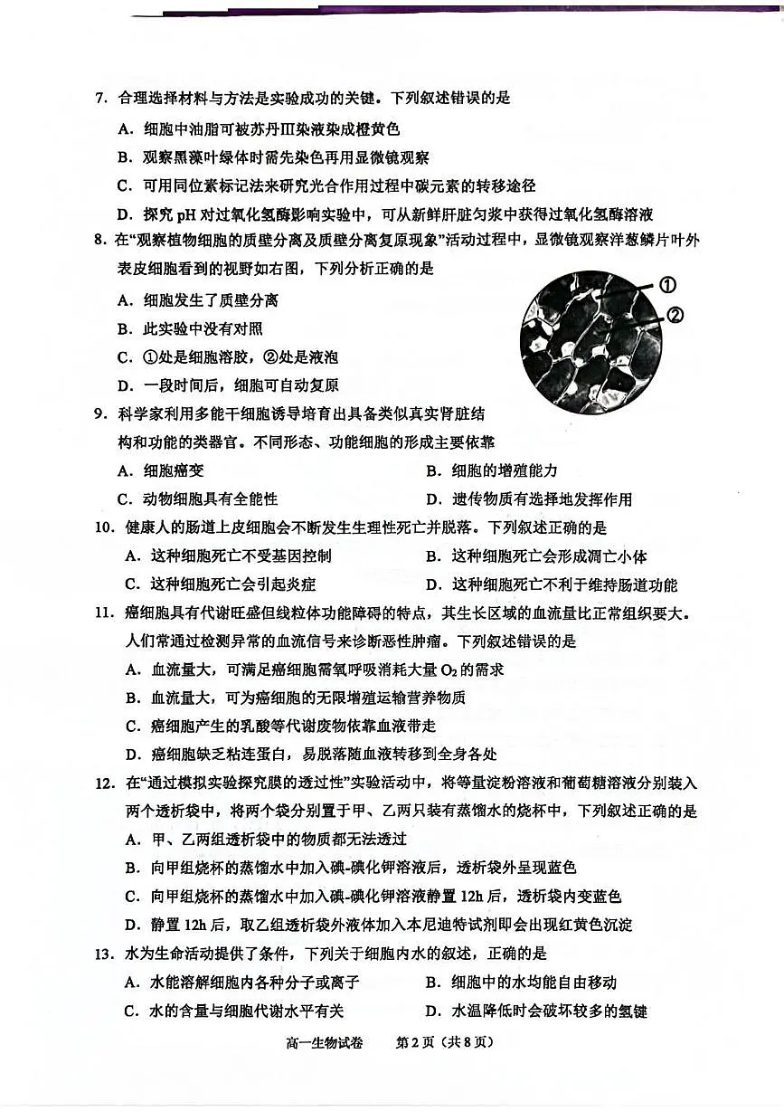 浙江绍兴市2025-2026学年第一学期期末调测高一生物试题第2页