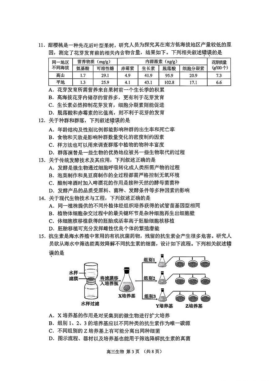江苏苏州市2025—2026学年高三上学期期末考试生物试题第3页