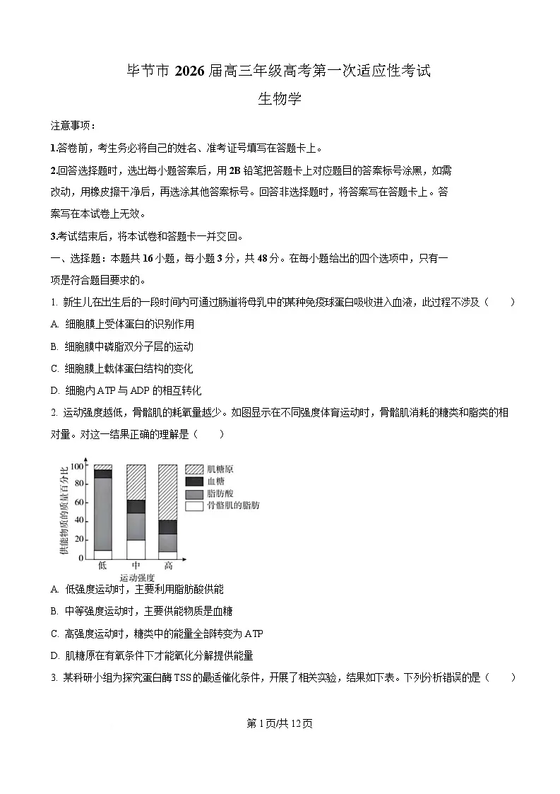贵州省毕节市2026届高三上学期第一次适应性考试生物试卷（Word版附答案）第1页