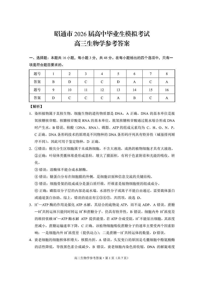 云南省昭通市2026届高中毕业生模拟考试生物答案第1页