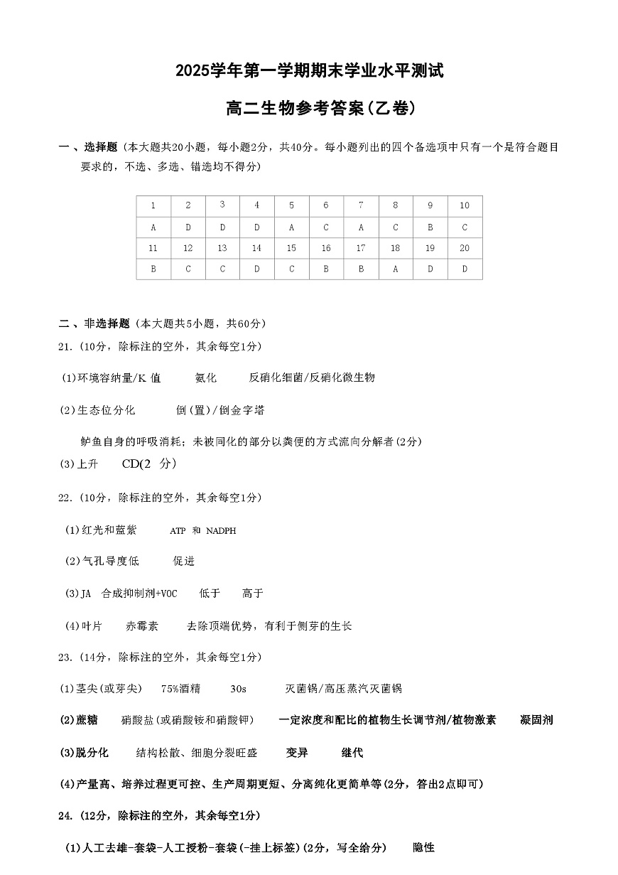 生物试题(乙)答案第1页