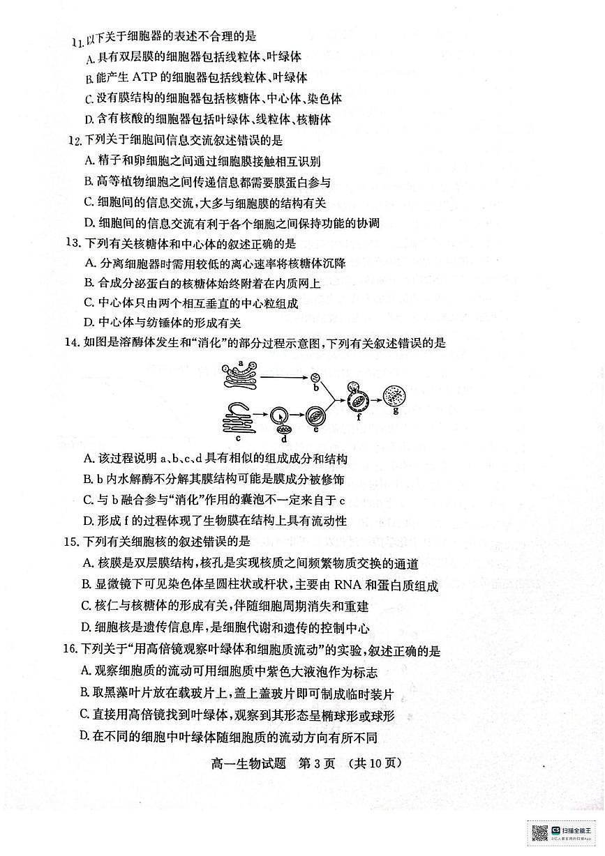 山东济南市2025年秋季学期高一上学期期末考试生物试题第3页
