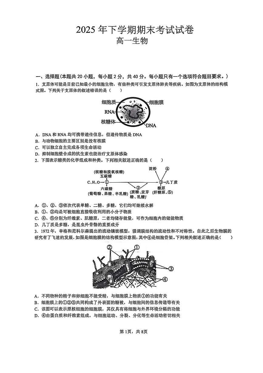 湖南省顶级名校2025-2026学年高一上学期1月期末考试 生物(含答案）第1页